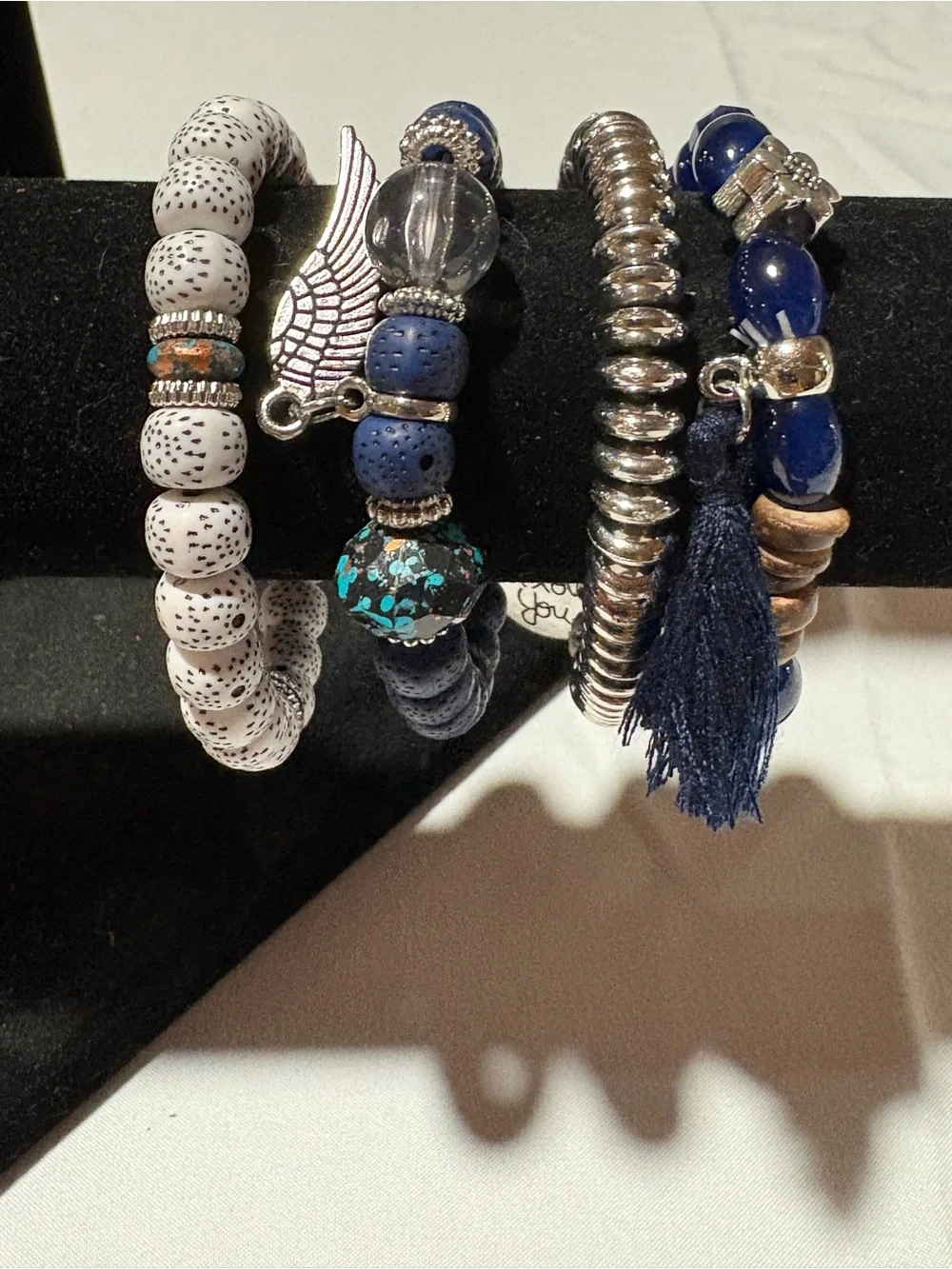 Blue & White Boho Bracelet Stack Set | Silver Angel Wing & Love You Charm | Laye